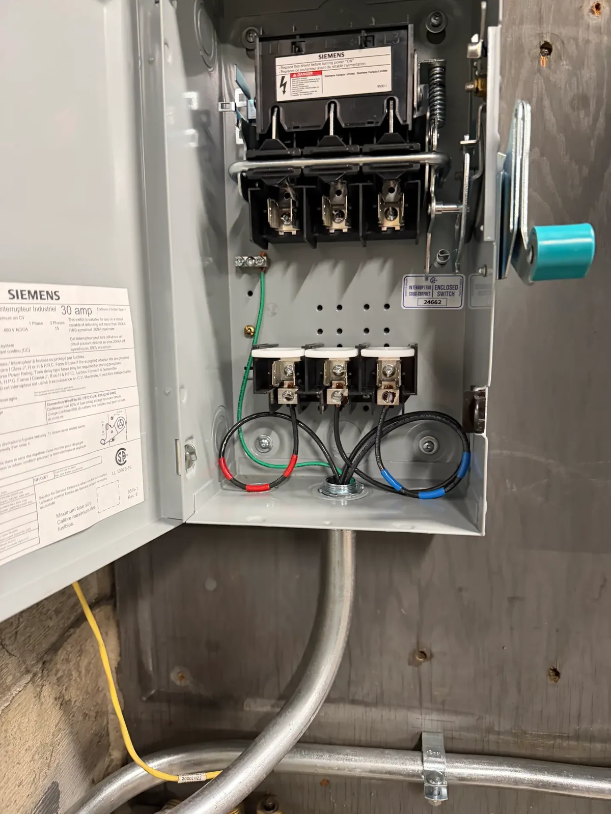 Fused disconnect switch wired and terminated